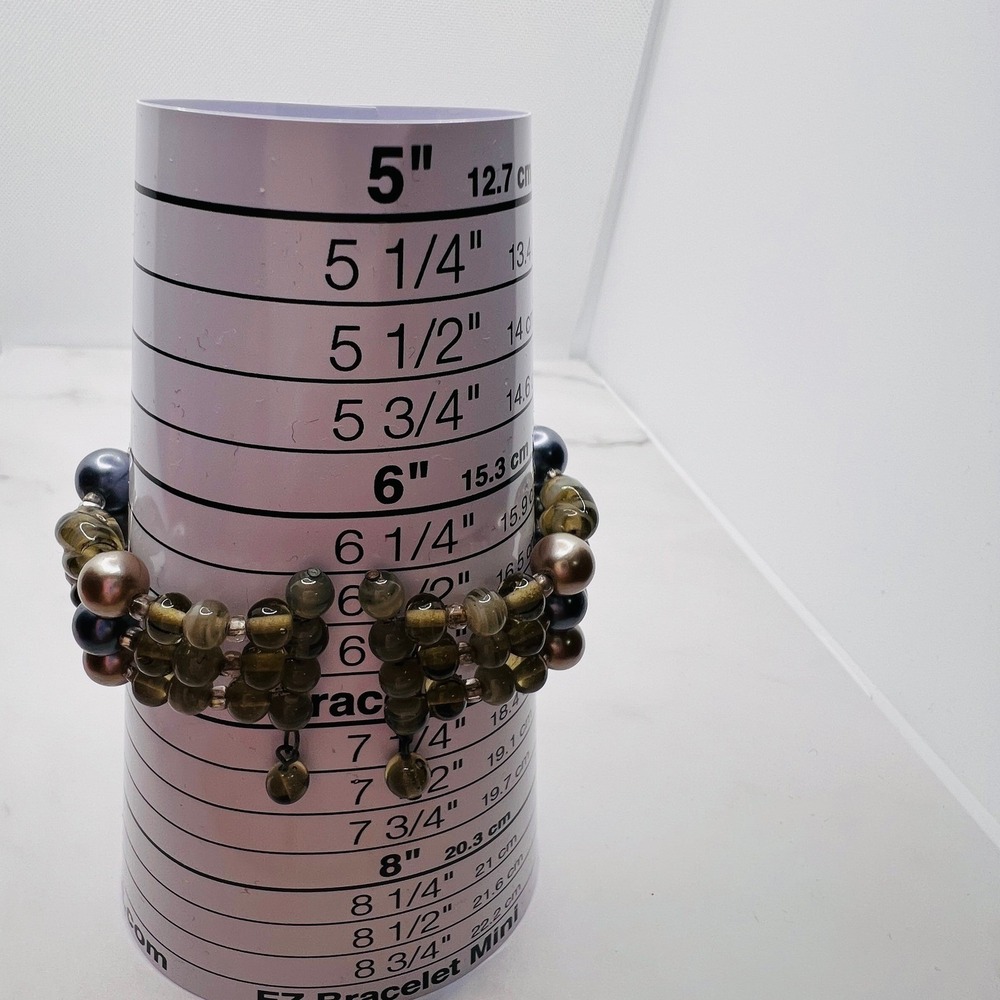Multi Strand Memory Wire Wrap Bracelet Faux Pearl Art Glass Beads Earthy Tones - Picture 2 of 3